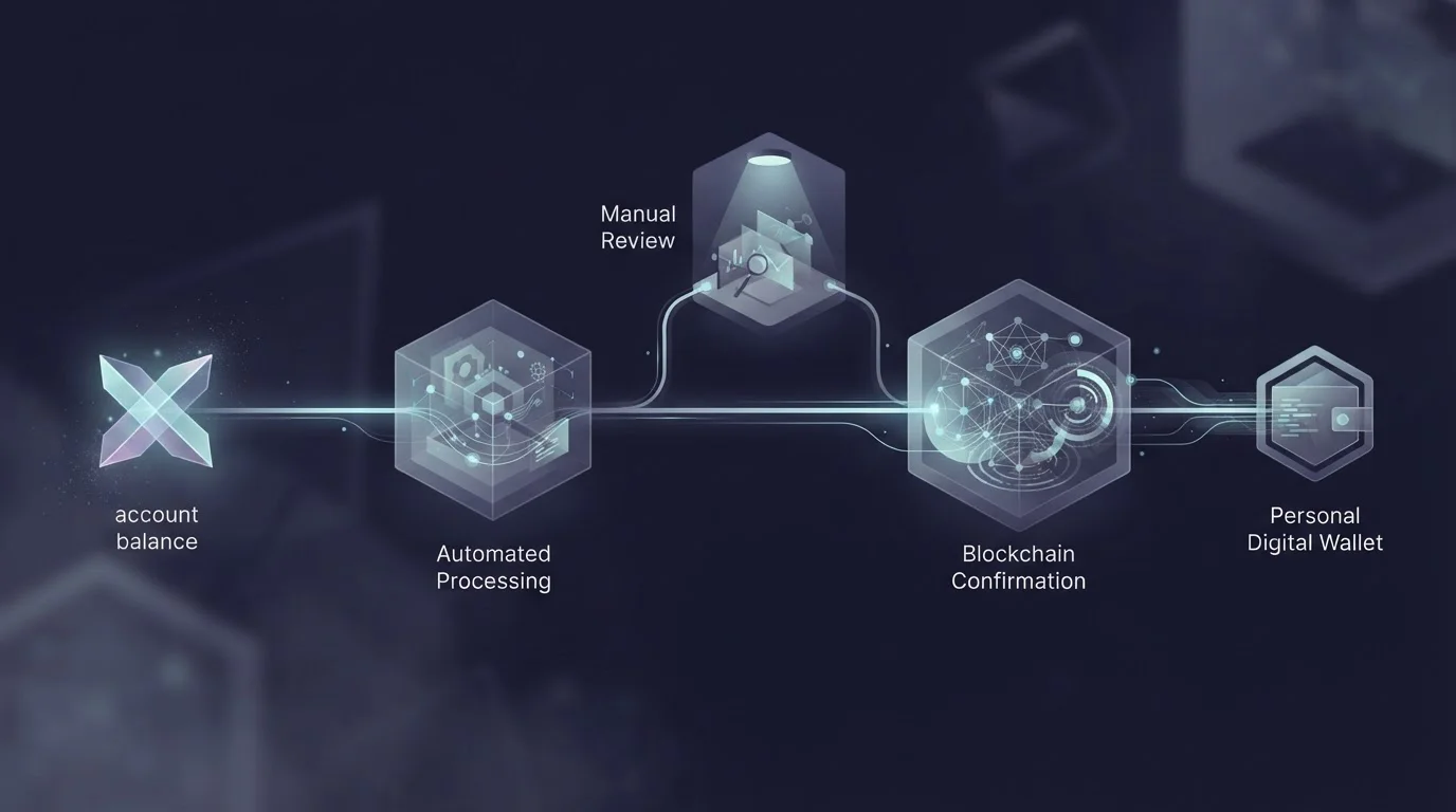 Crypto withdrawal moving from an account through review and blockchain confirmation stages to a wallet