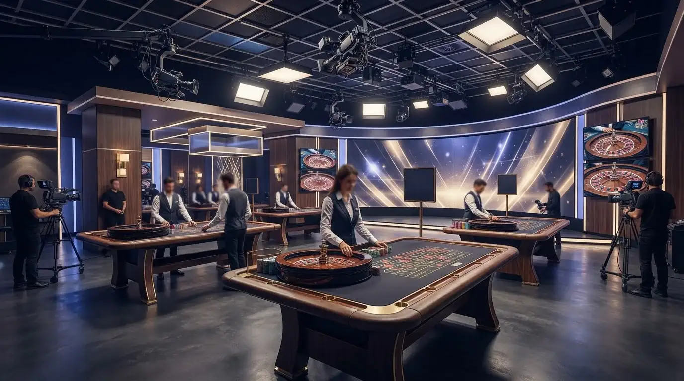 Modern live casino studio tables with overhead lighting and abstract display panels