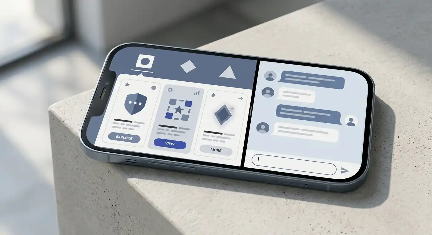 Smartphone showing an abstract progressive web app beside a messaging-based casino interface