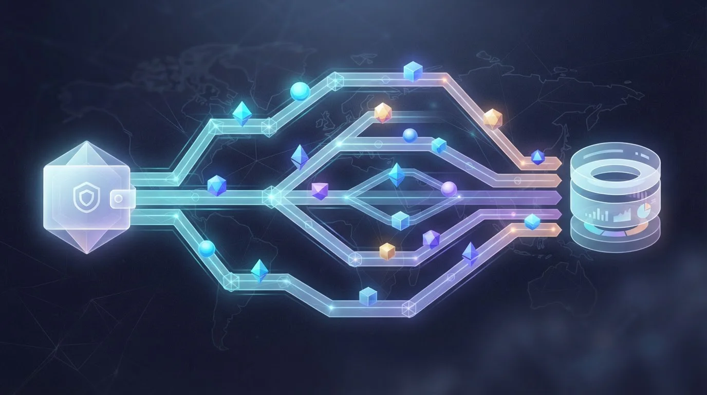 Abstract multi-chain payment flow connecting a wallet, crypto assets and a casino balance