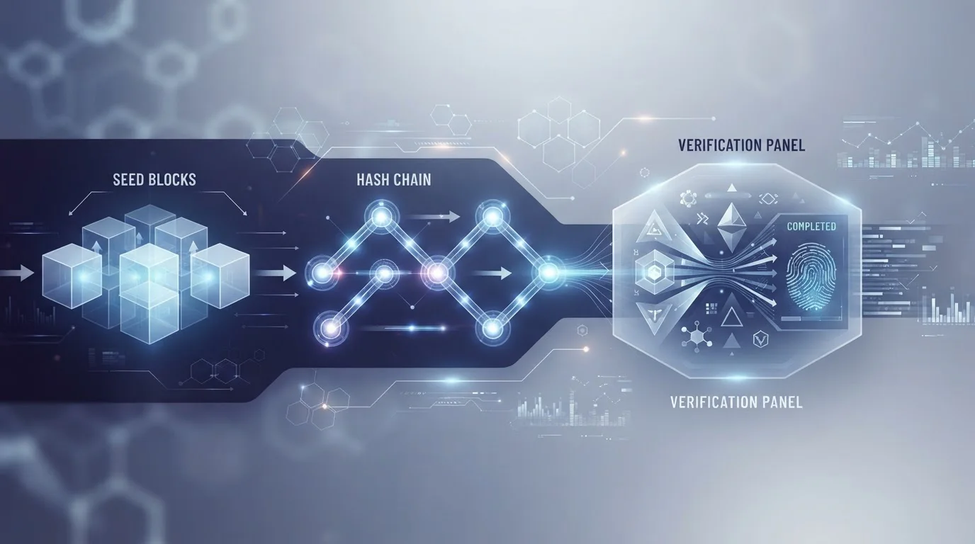 Abstract cryptographic seed and hash verification flow beside a casino game result panel