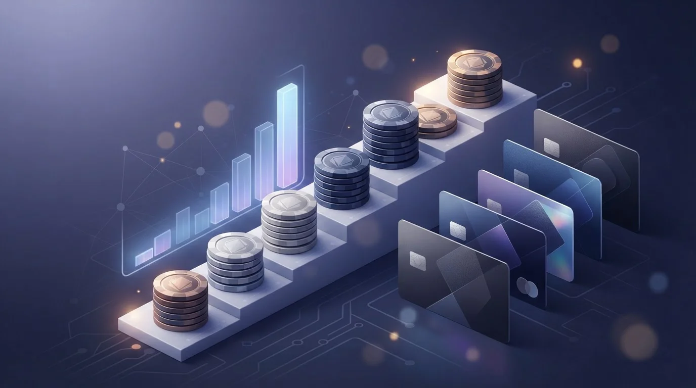 Abstract loyalty progression with stacked tokens and a rising rebate meter