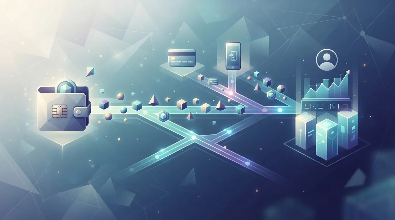 Digital wallet sending crypto through blockchain rails toward a casino account balance